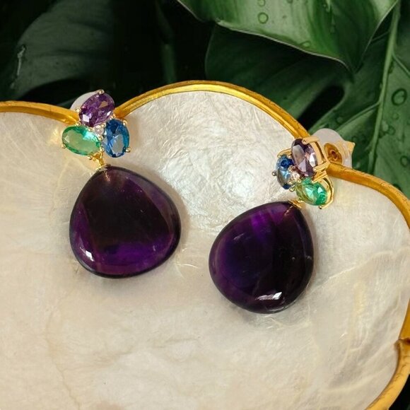 NWT Statement Amethyst Drop Earrings Teardrop 18K Plated Crystal Accents Event - Picture 4 of 11